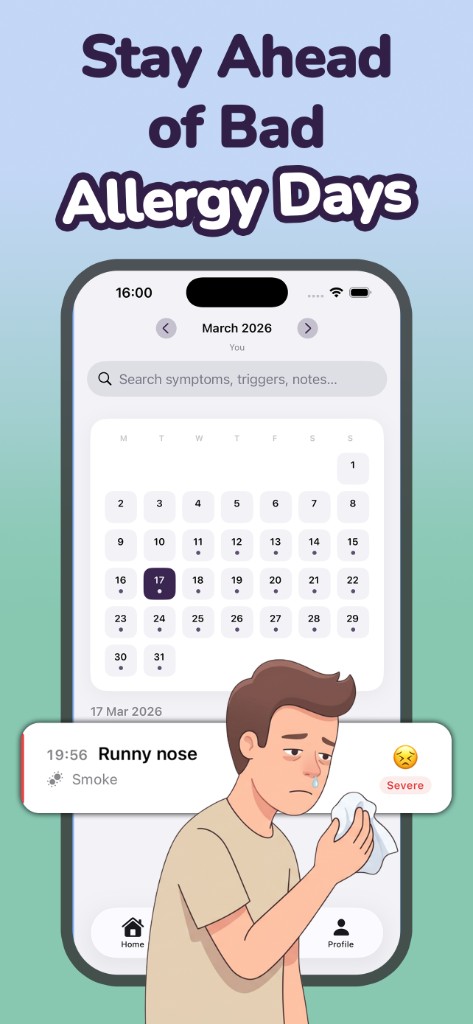 Calendar and search across past allergy entries