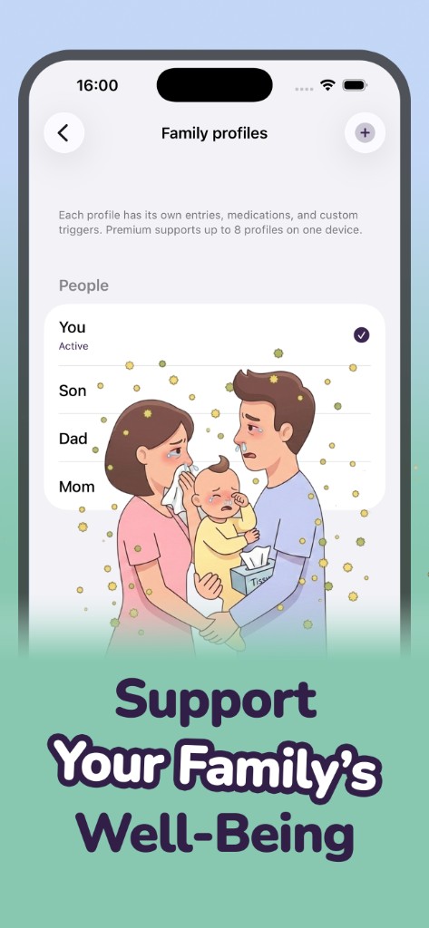 Family profiles for separate allergy logs on one iPhone