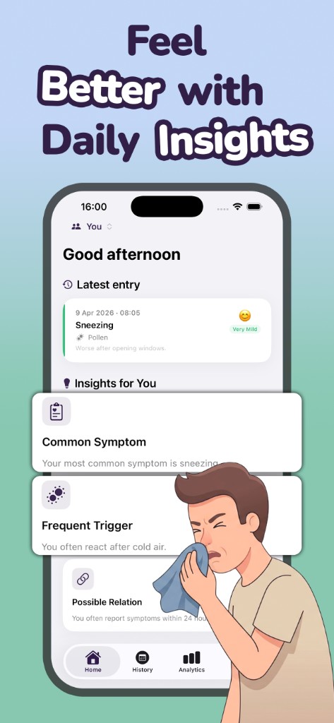 Allergic home screen with daily insights, latest symptom entry, and personalized tips