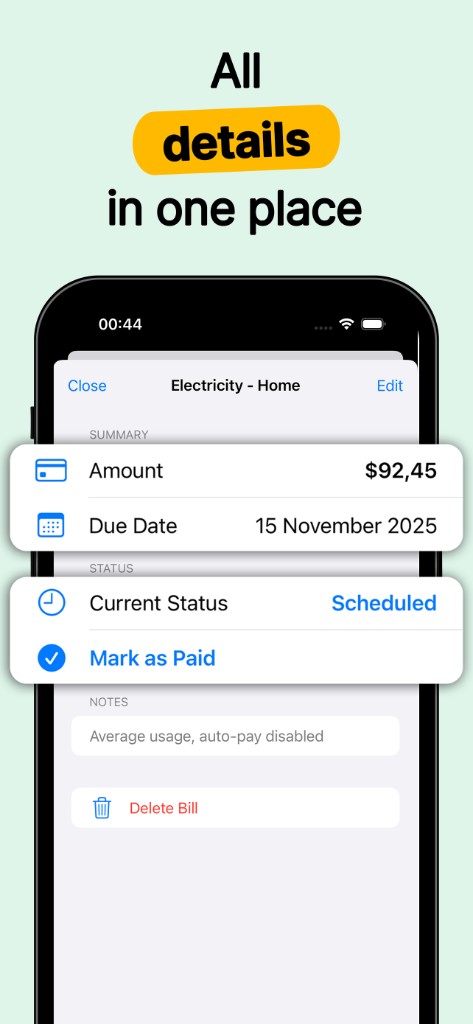 Bill details with amount, due date, status, notes, and mark as paid
