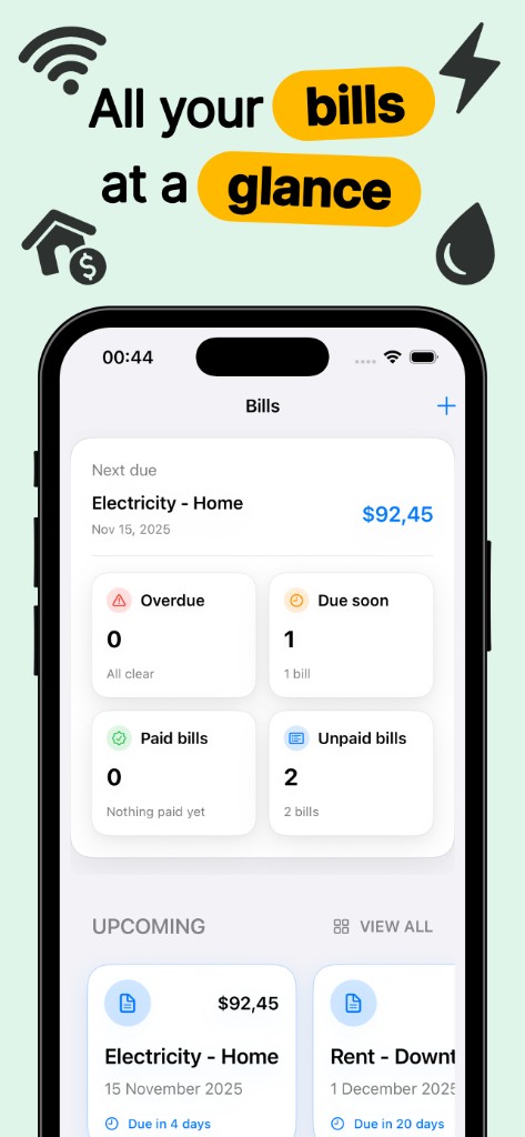 Bills dashboard with next due amount, status tiles, and upcoming bill cards
