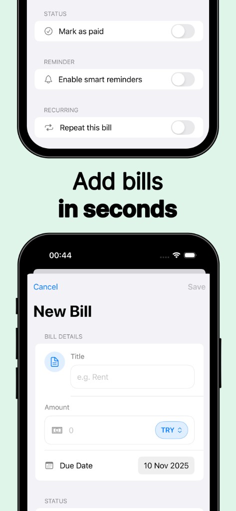 New bill form with title, amount, currency, and due date