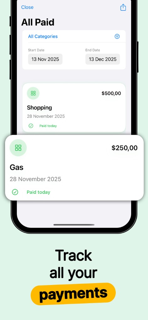 Paid bills list filtered by category and date range