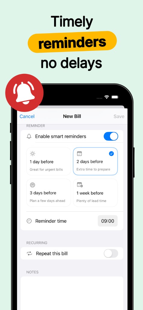 Smart reminder presets and custom alert time when creating a bill