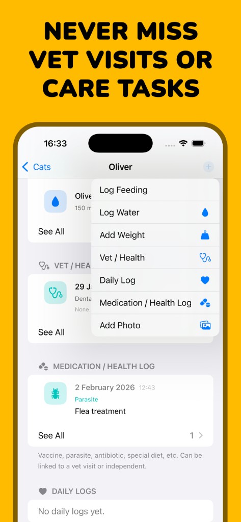 Quick log menu for vet visits, medication, and health notes