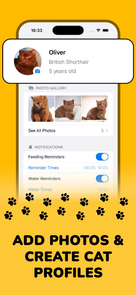Cat profiles with photo gallery and reminder settings