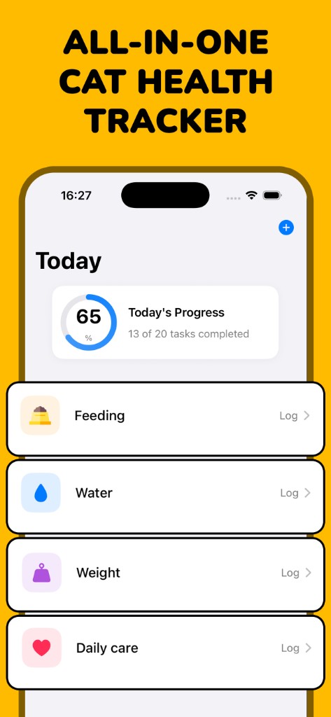 Today dashboard for feeding, water, weight, and daily care logging