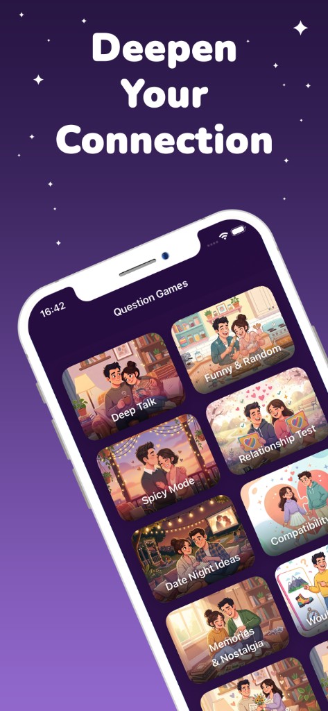 Question game categories including Deep Talk, Date Night Ideas, and Relationship Test