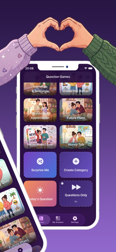 More categories and quick actions like Surprise Me and Today's Question