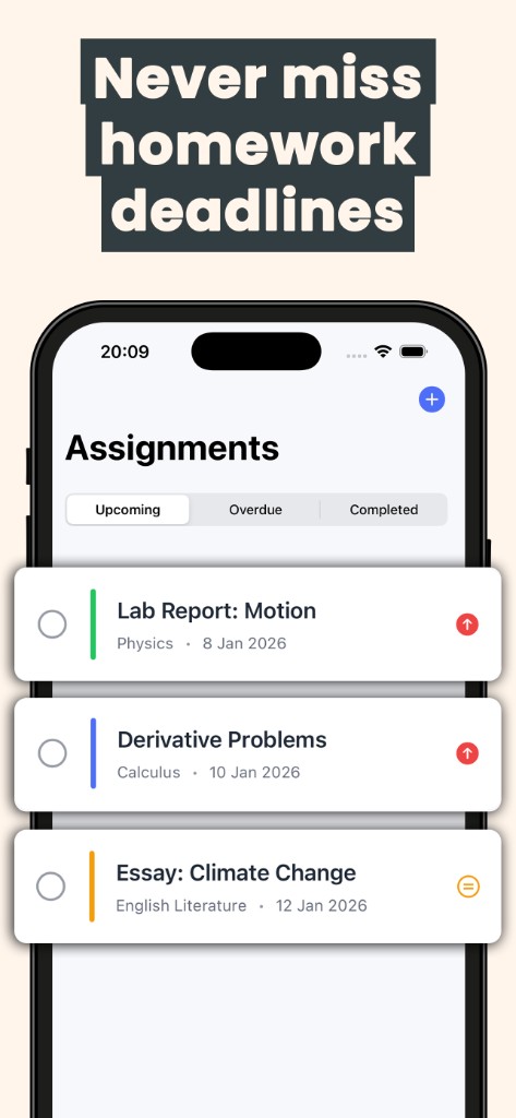 Assignment list with due dates and priorities in School Assistant Planner