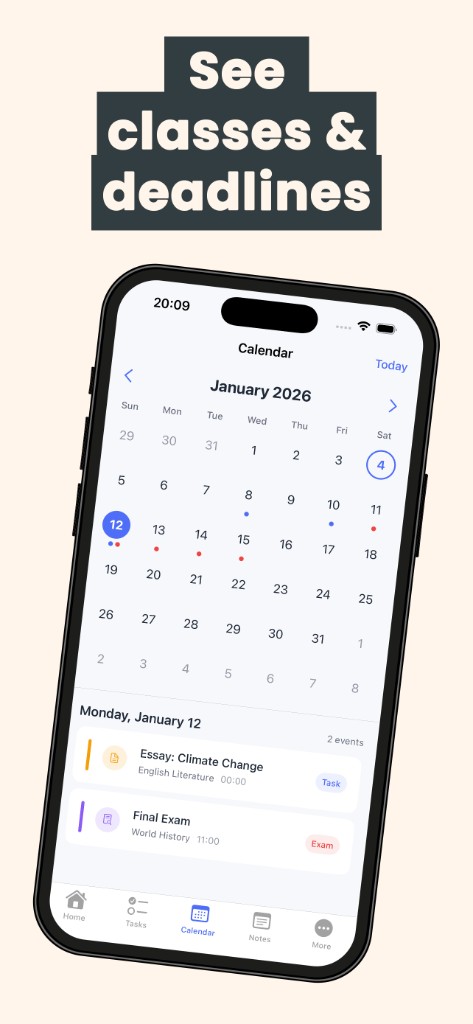 Calendar view showing classes and deadlines