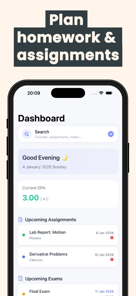 School Assistant Planner dashboard with GPA, upcoming assignments, and exams