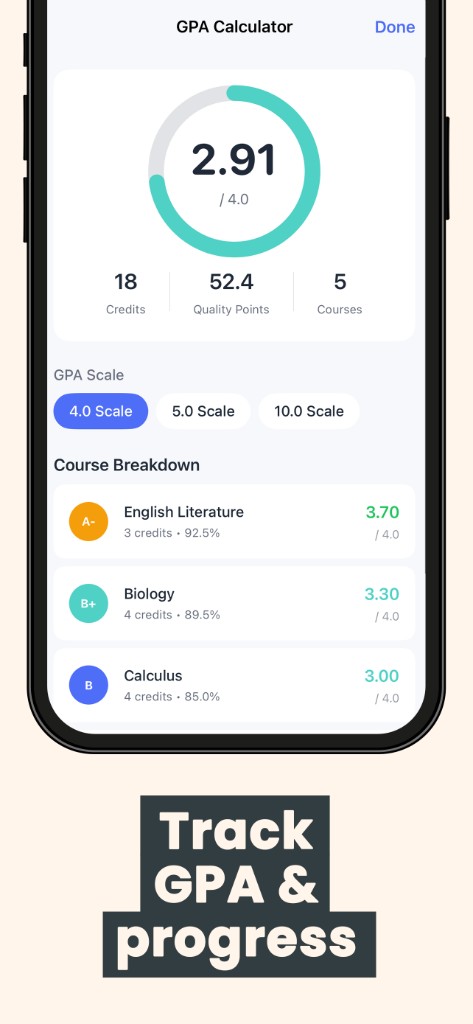 GPA calculator with course grades on a 4.0 scale