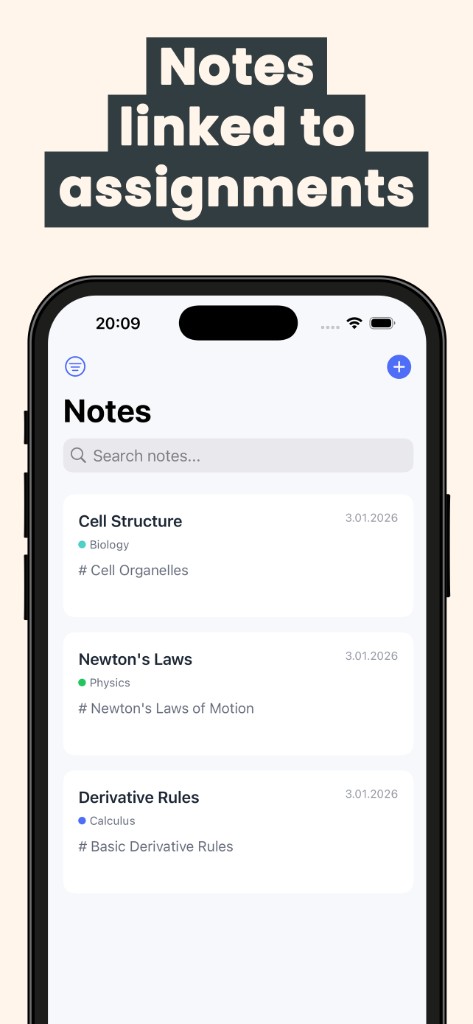 Course notes linked to subjects with search