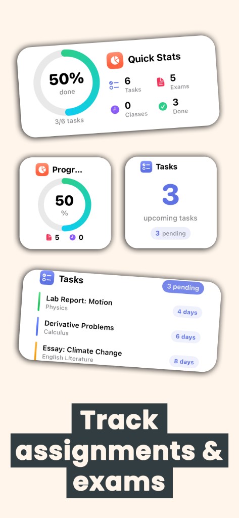 Home Screen widgets for tasks, exams, and quick stats