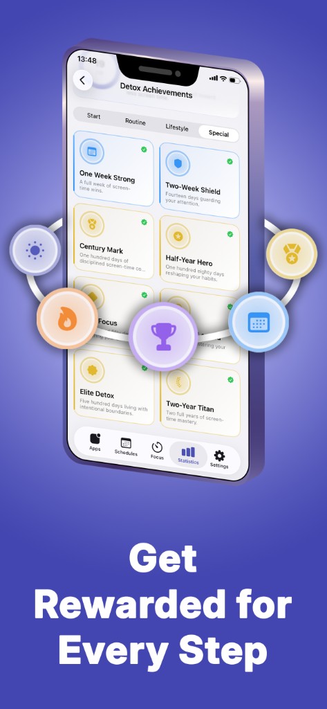 Detox achievements for long-term screen time goals