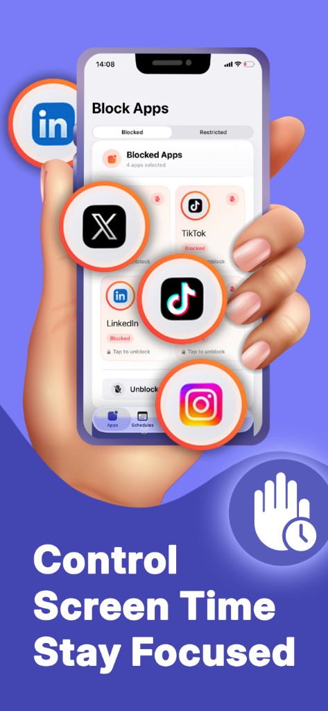 Block Apps screen showing blocked social apps with Screen Time Control