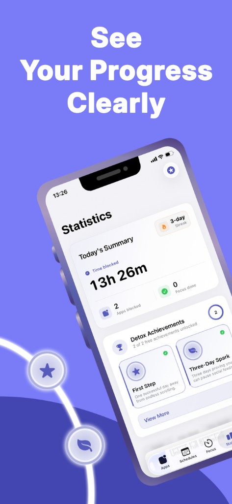 Statistics dashboard with daily summary and detox achievements